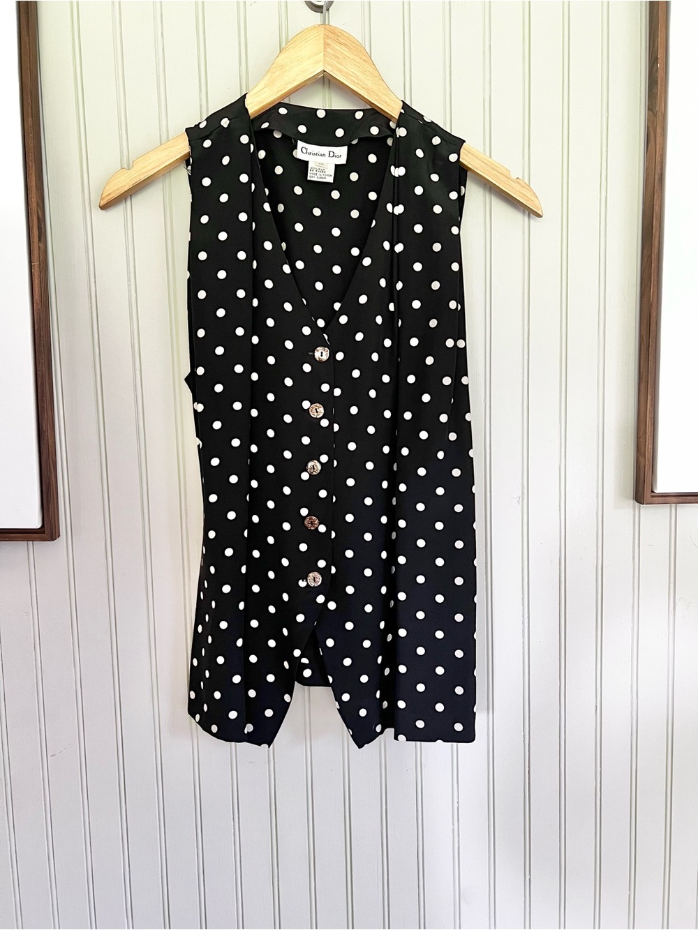 Christian Dior Silk Polka Dot V Neck Vest Black/White Size 12